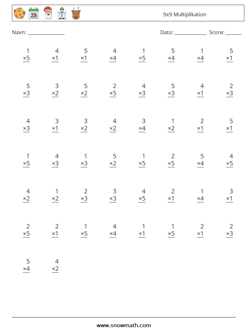 (50) 9x9 Multiplikation Matematiske regneark 4