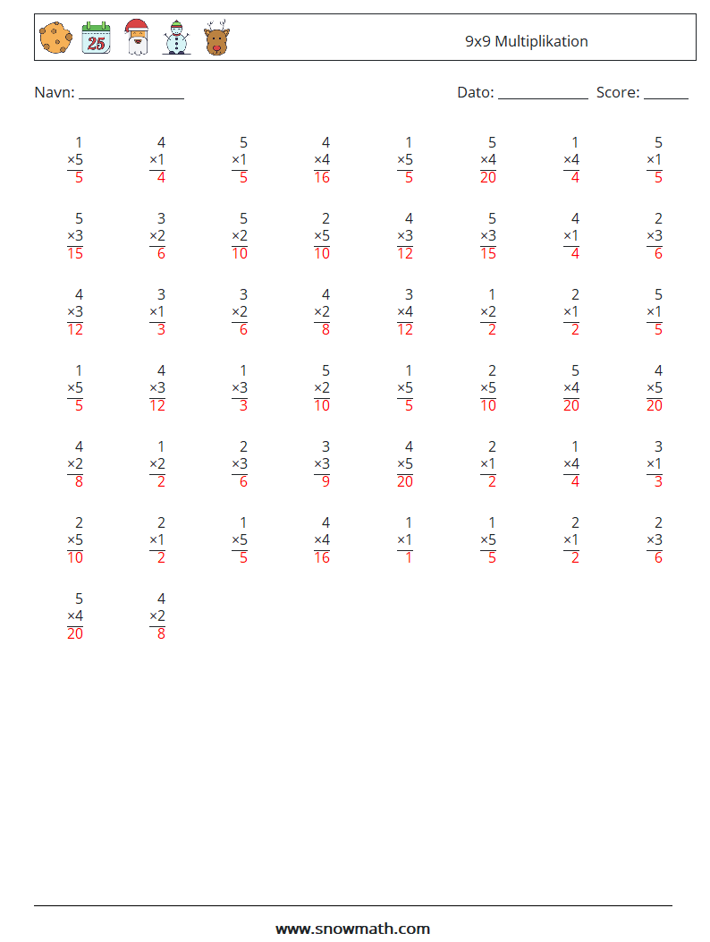 (50) 9x9 Multiplikation Matematiske regneark 4 Spørgsmål, svar