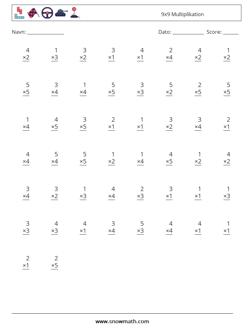 (50) 9x9 Multiplikation Matematiske regneark 5