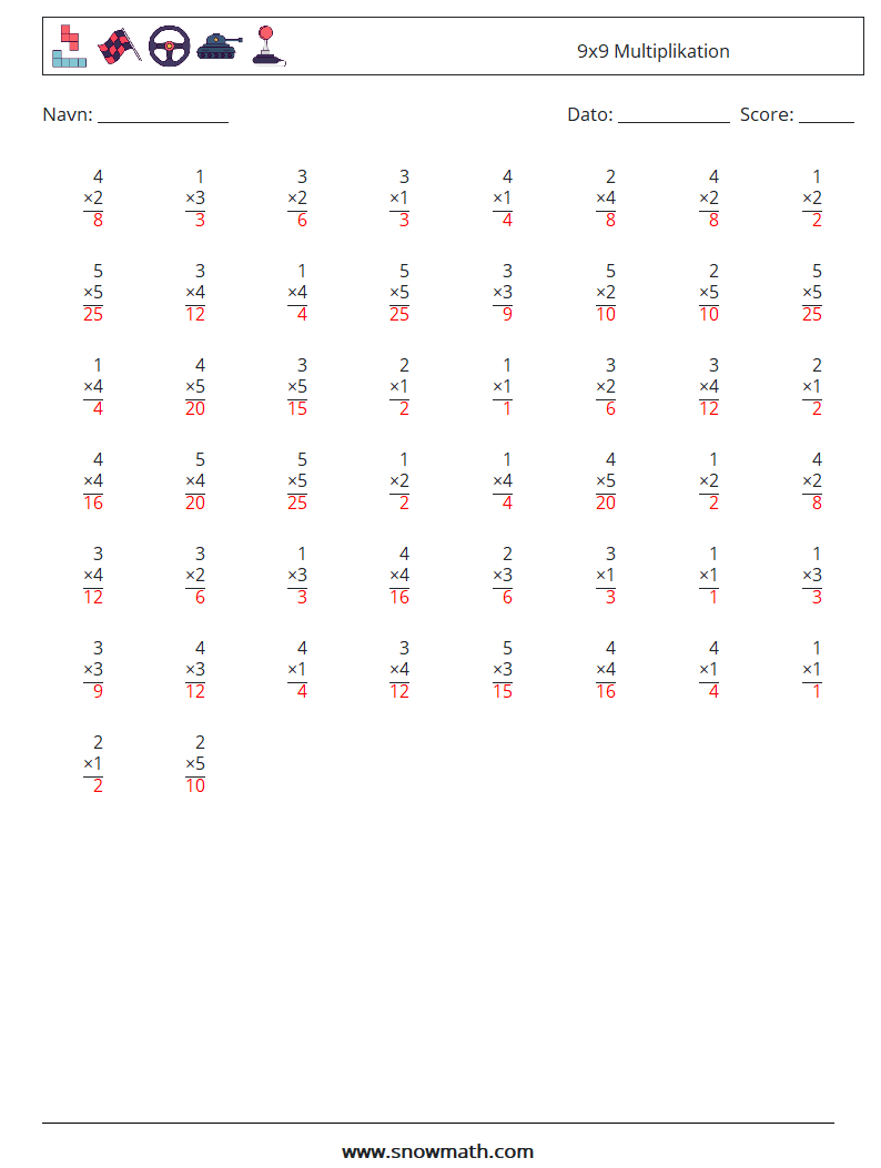 (50) 9x9 Multiplikation Matematiske regneark 5 Spørgsmål, svar