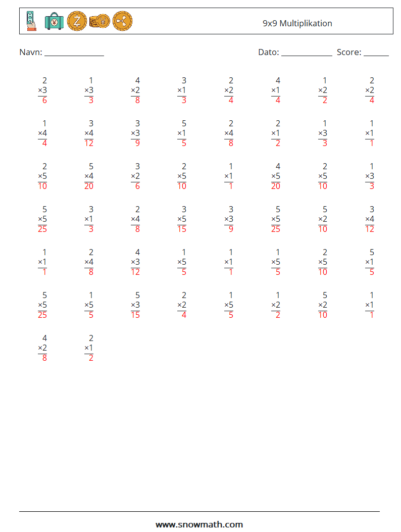 (50) 9x9 Multiplikation Matematiske regneark 6 Spørgsmål, svar