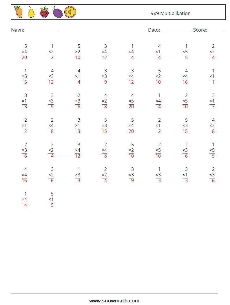 (50) 9x9 Multiplikation Matematiske regneark 7 Spørgsmål, svar