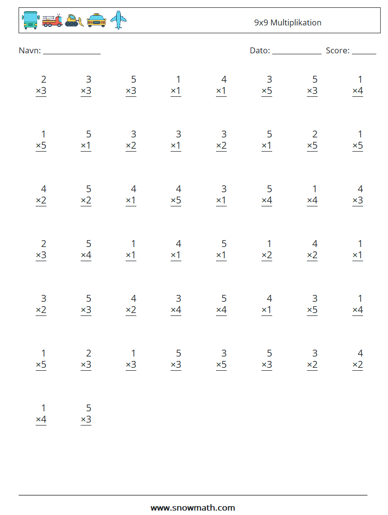 (50) 9x9 Multiplikation Matematiske regneark 8