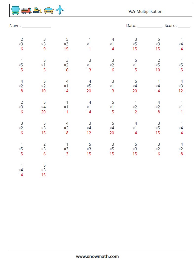 (50) 9x9 Multiplikation Matematiske regneark 8 Spørgsmål, svar