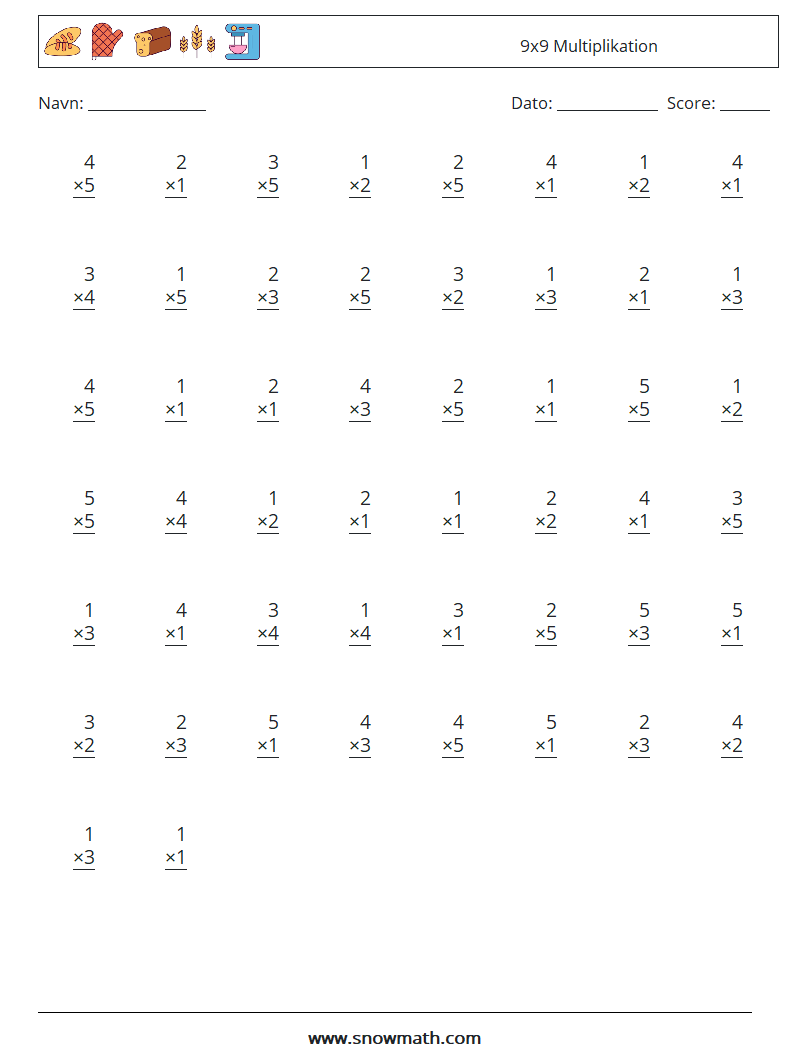 (50) 9x9 Multiplikation Matematiske regneark 9