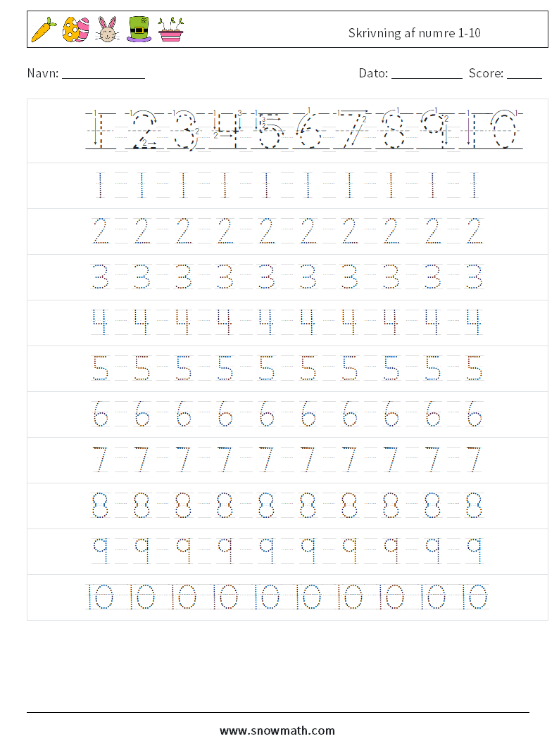 Skrivning af numre 1-10 Matematiske regneark 2