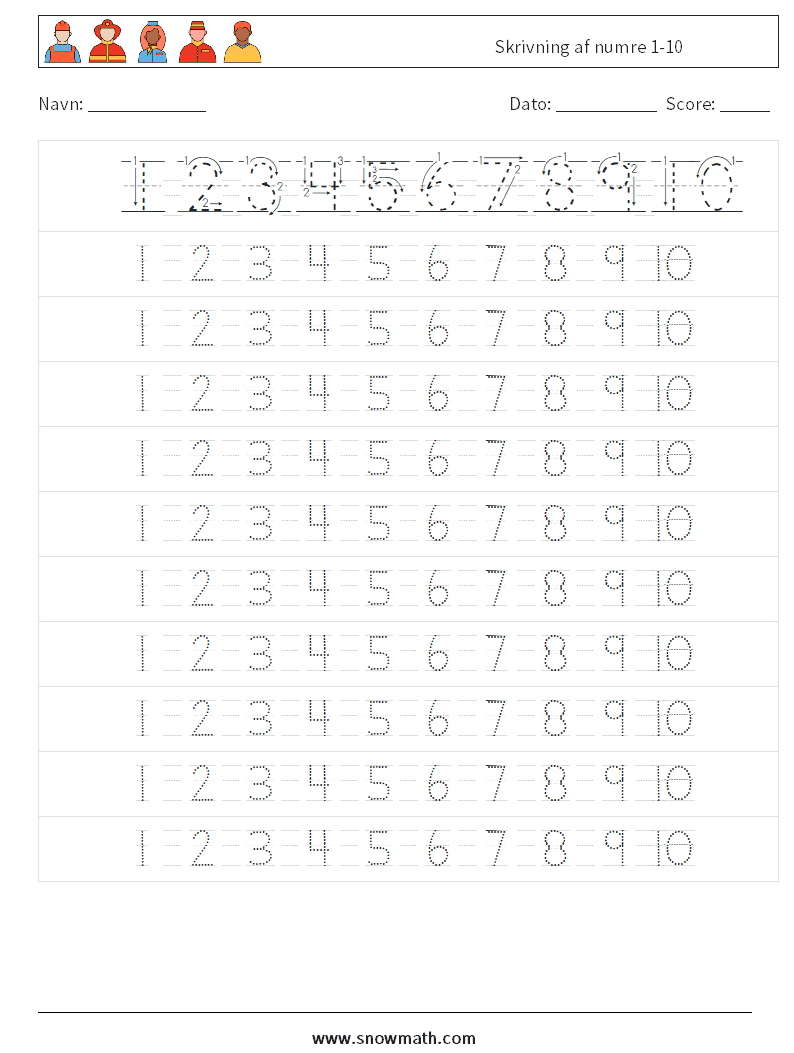 Skrivning af numre 1-10 Matematiske regneark 4