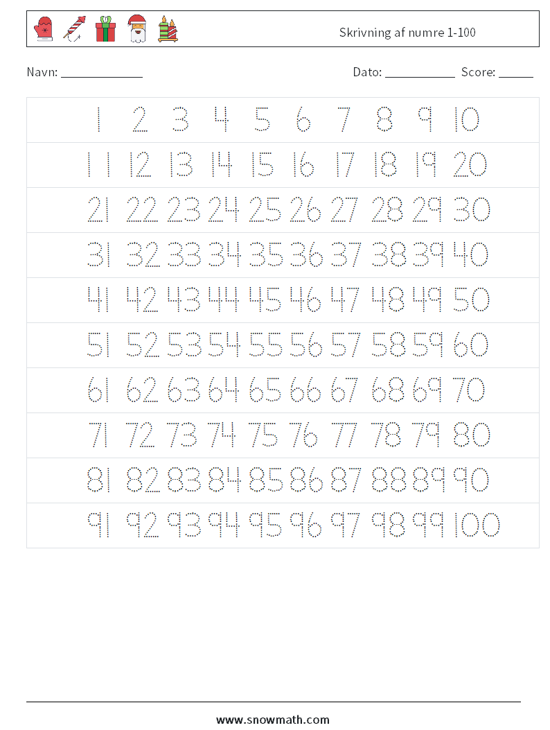 Skrivning af numre 1-100 Matematiske regneark 1