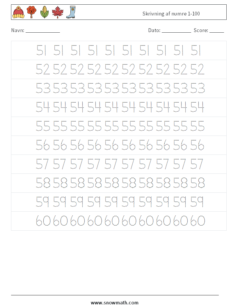 Skrivning af numre 1-100 Matematiske regneark 11