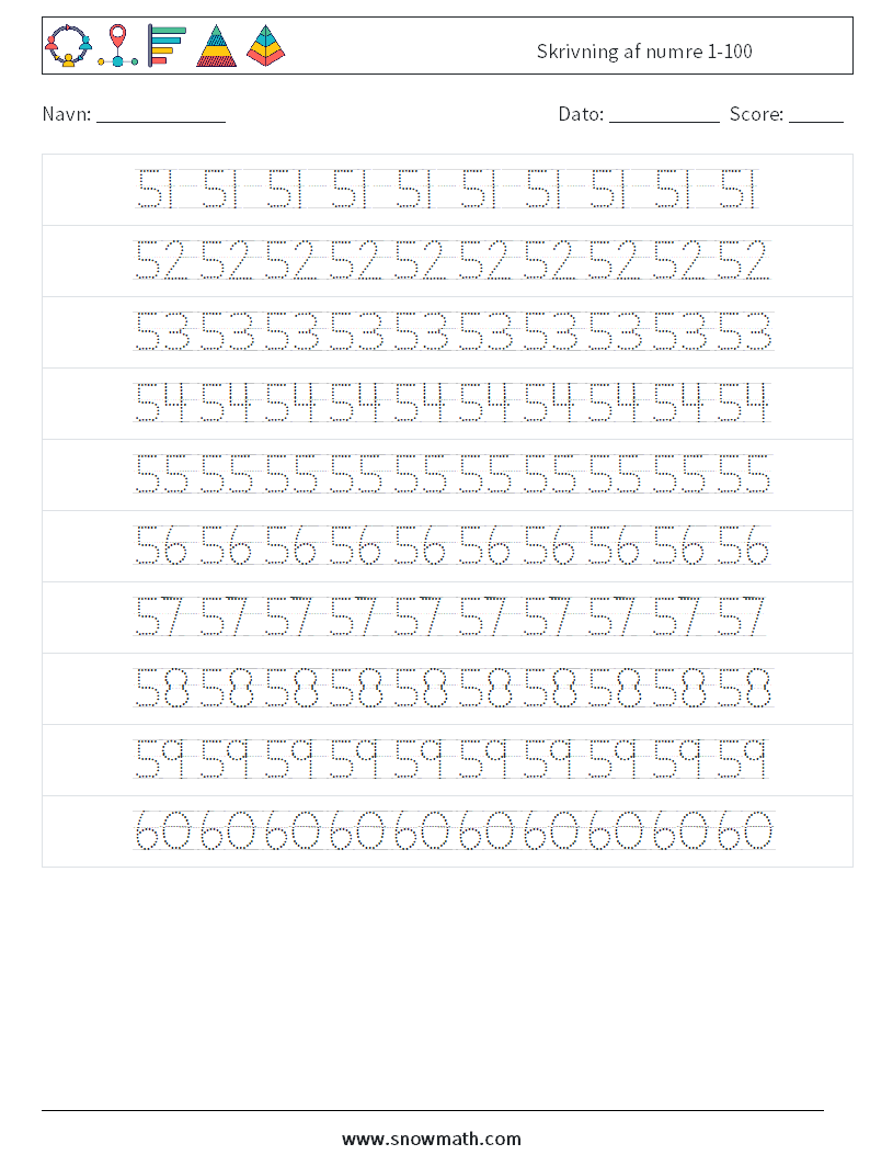 Skrivning af numre 1-100 Matematiske regneark 12