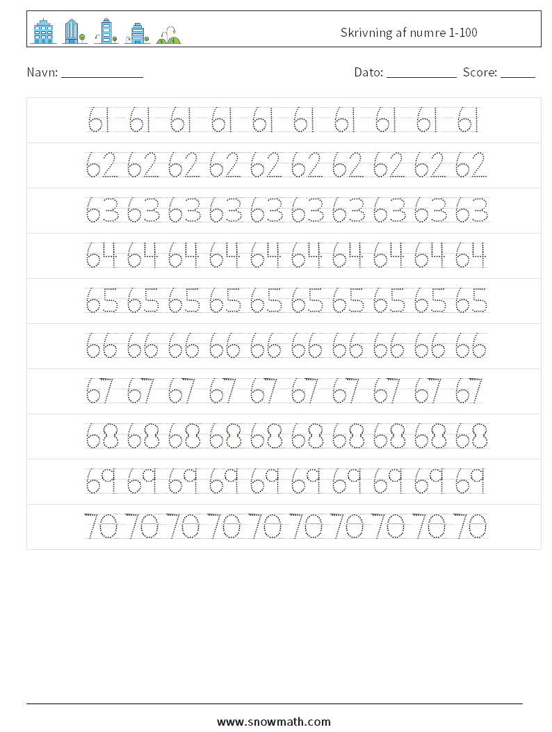 Skrivning af numre 1-100 Matematiske regneark 14