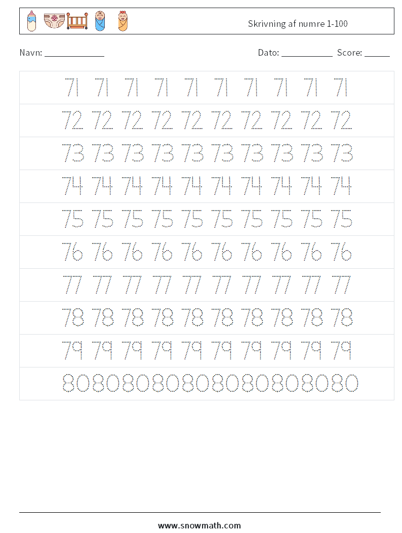 Skrivning af numre 1-100 Matematiske regneark 15