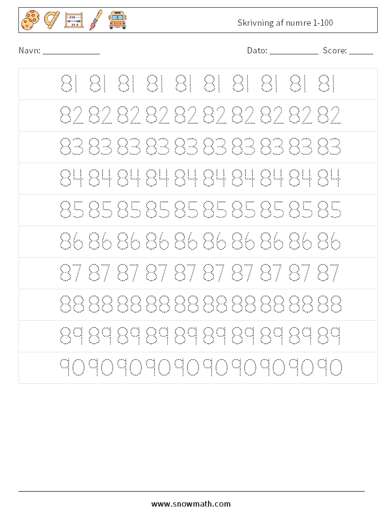 Skrivning af numre 1-100 Matematiske regneark 17