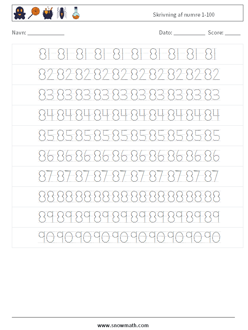 Skrivning af numre 1-100 Matematiske regneark 18