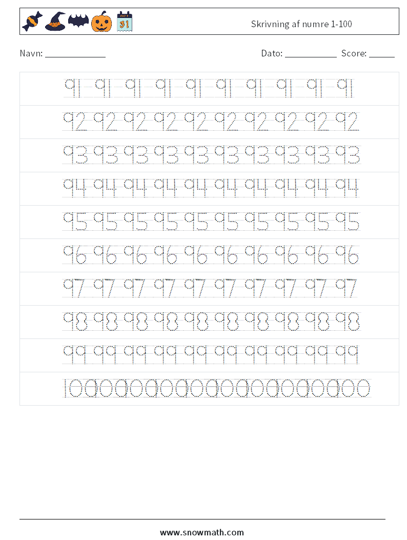 Skrivning af numre 1-100 Matematiske regneark 20