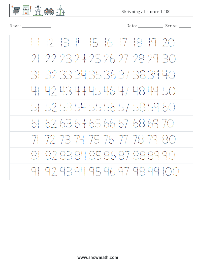 Skrivning af numre 1-100 Matematiske regneark 21