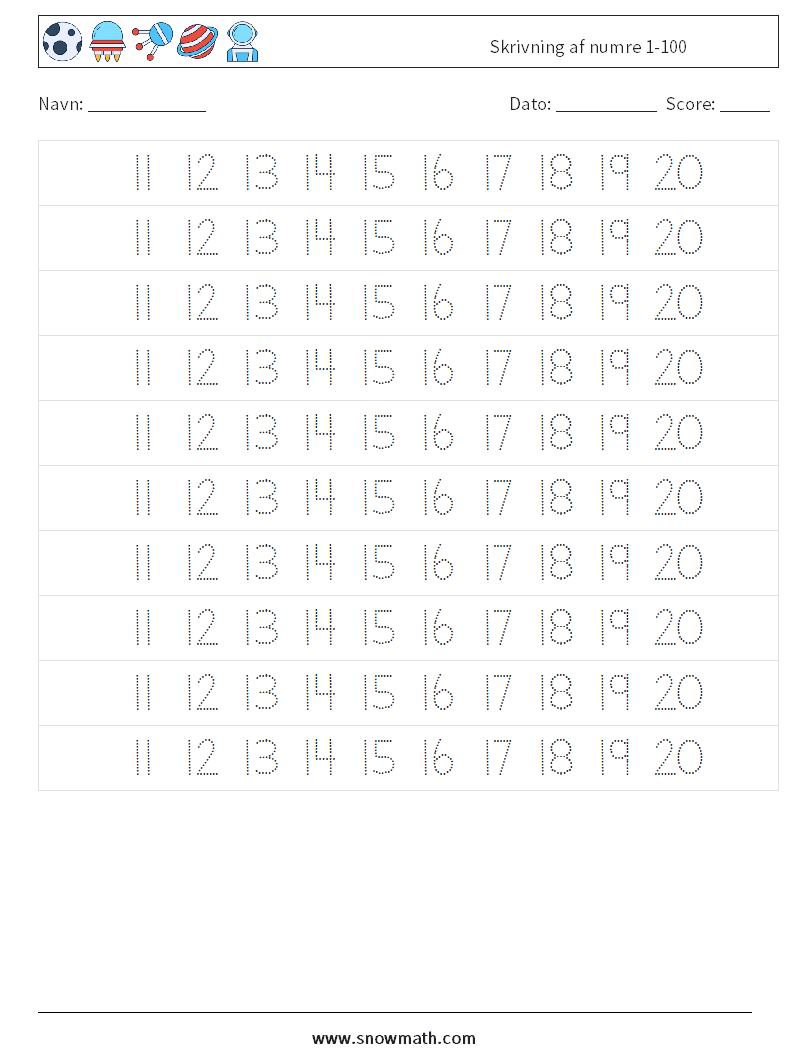 Skrivning af numre 1-100 Matematiske regneark 23