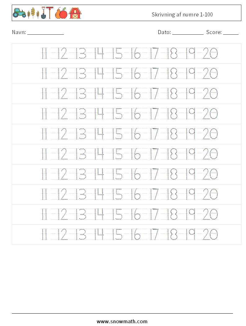 Skrivning af numre 1-100 Matematiske regneark 24