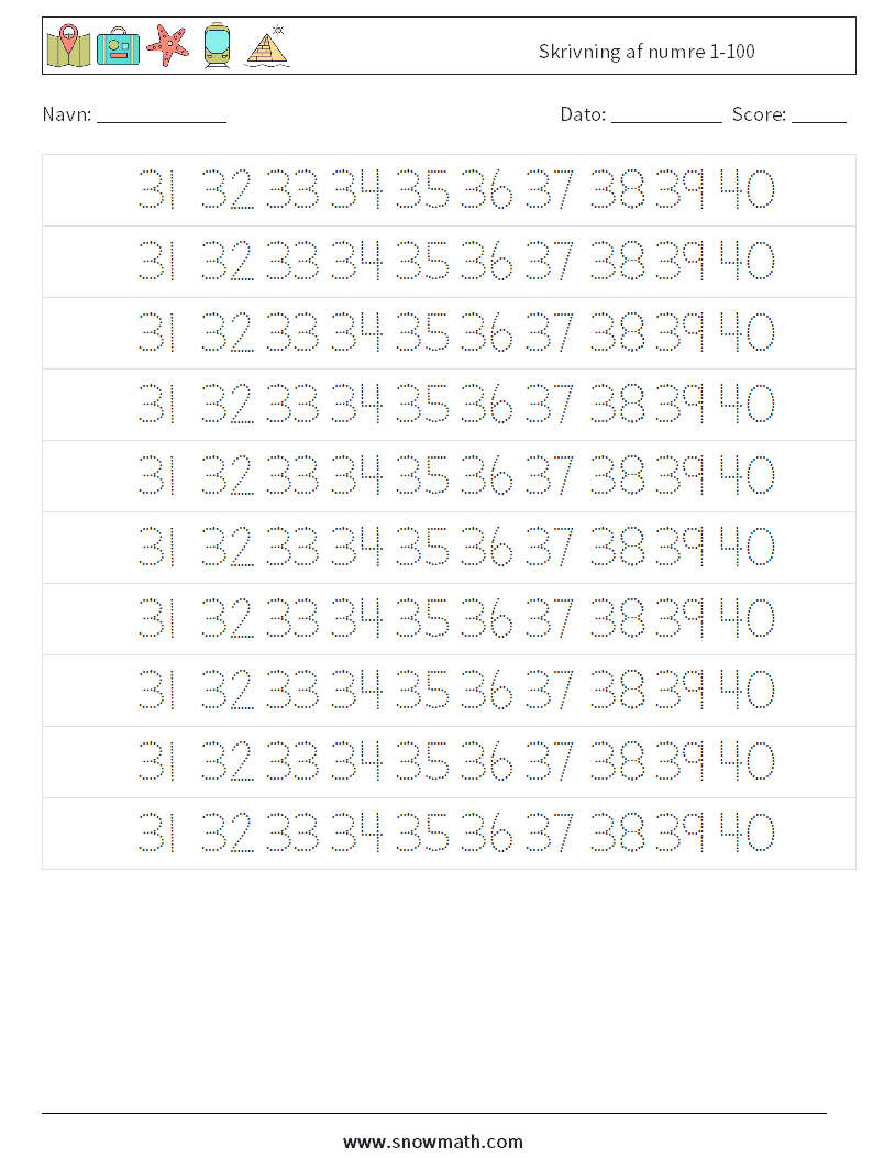 Skrivning af numre 1-100 Matematiske regneark 27