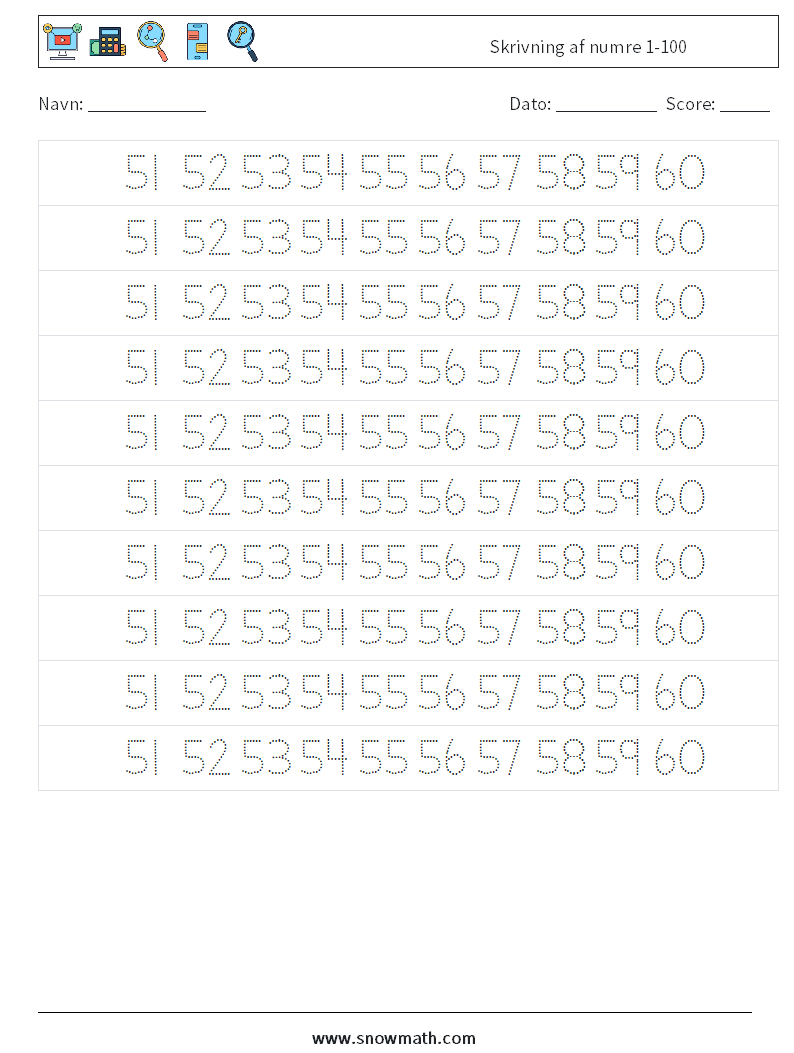 Skrivning af numre 1-100 Matematiske regneark 31