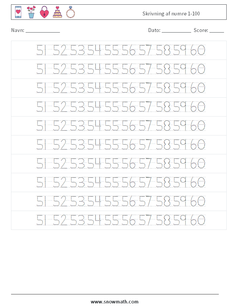 Skrivning af numre 1-100 Matematiske regneark 32