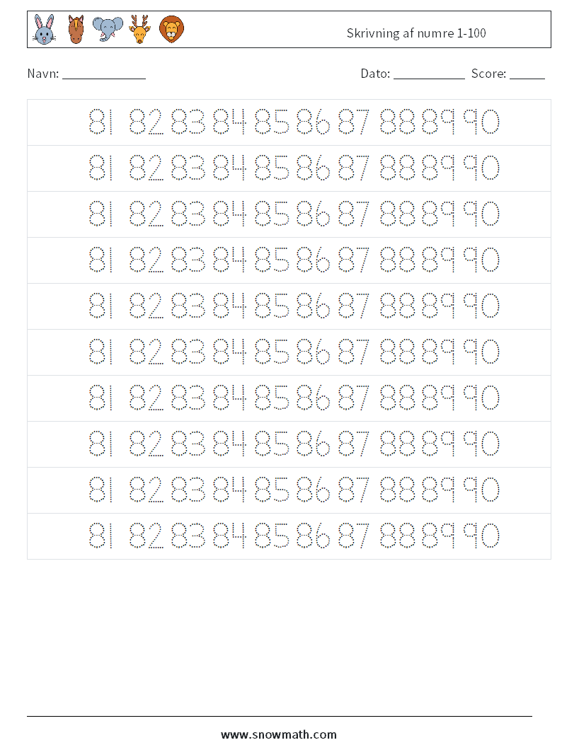 Skrivning af numre 1-100 Matematiske regneark 37