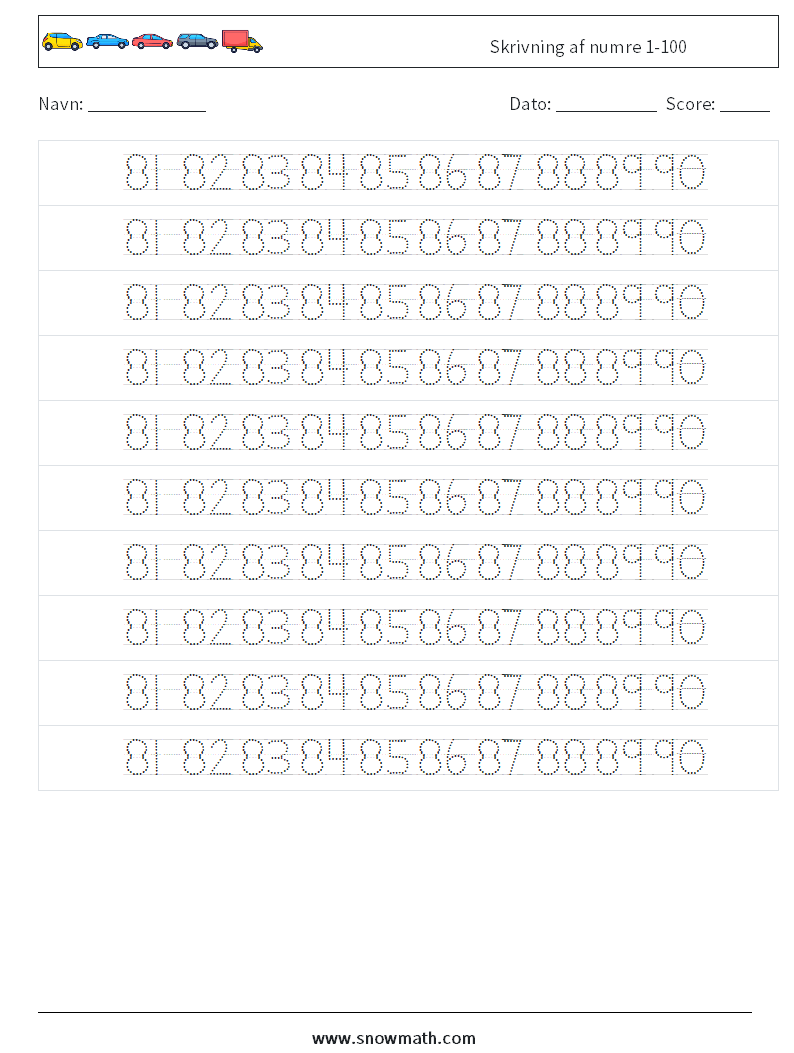 Skrivning af numre 1-100 Matematiske regneark 38