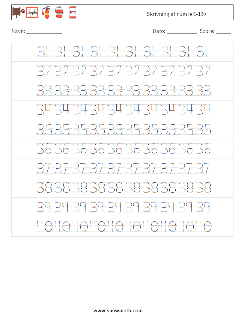 Skrivning af numre 1-100 Matematiske regneark 8