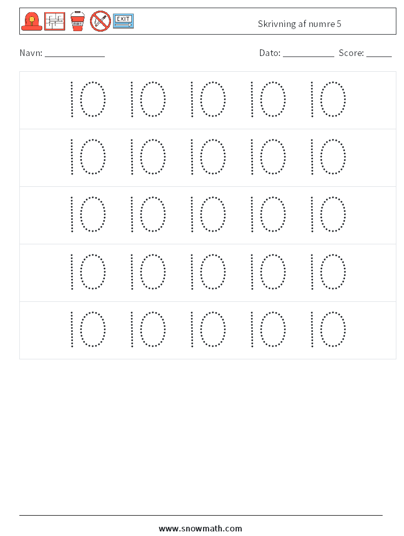 Skrivning af numre 5 Matematiske regneark 10