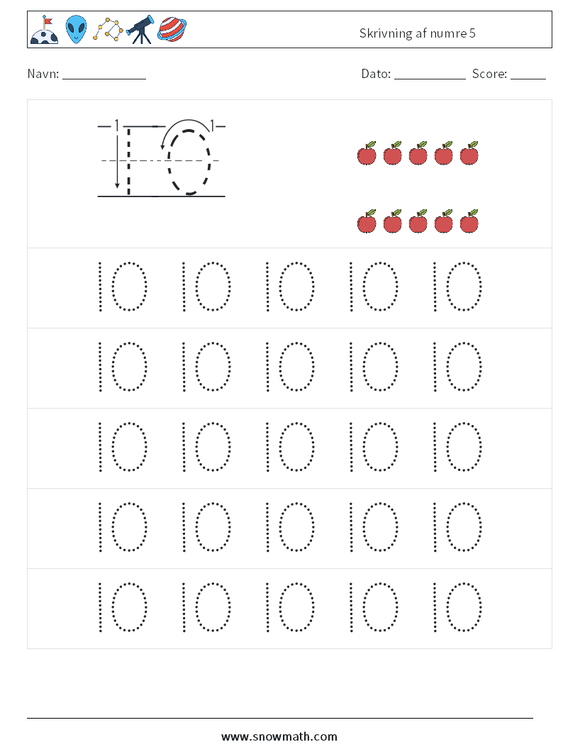 Skrivning af numre 5 Matematiske regneark 9