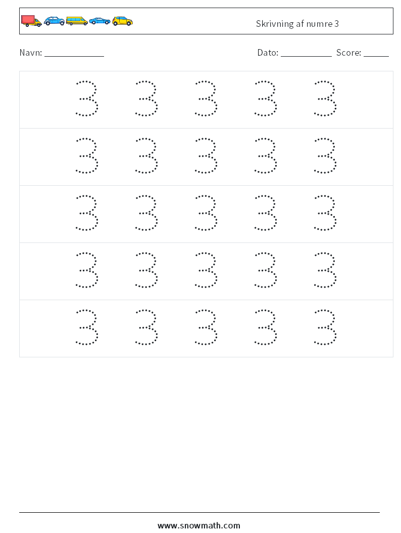 Skrivning af numre 3 Matematiske regneark 10