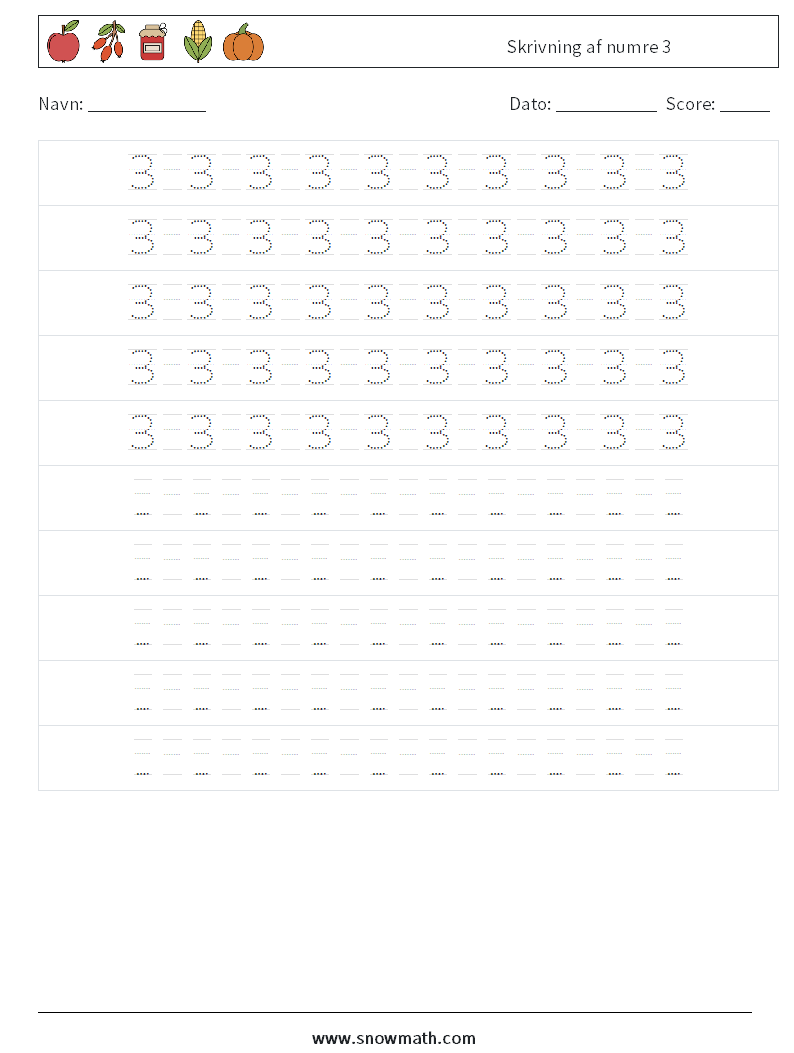 Skrivning af numre 3 Matematiske regneark 16