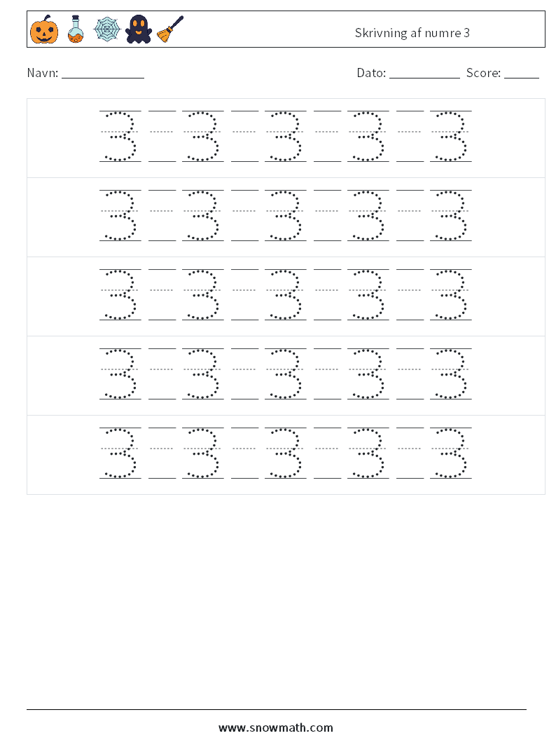 Skrivning af numre 3 Matematiske regneark 22