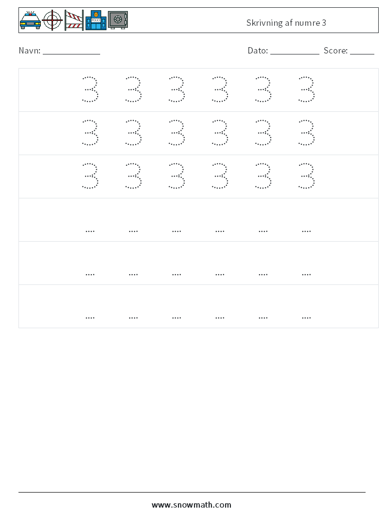 Skrivning af numre 3 Matematiske regneark 8