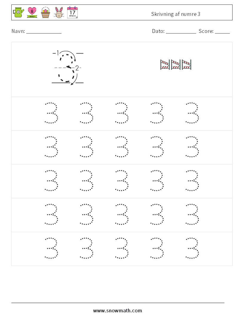 Skrivning af numre 3 Matematiske regneark 9