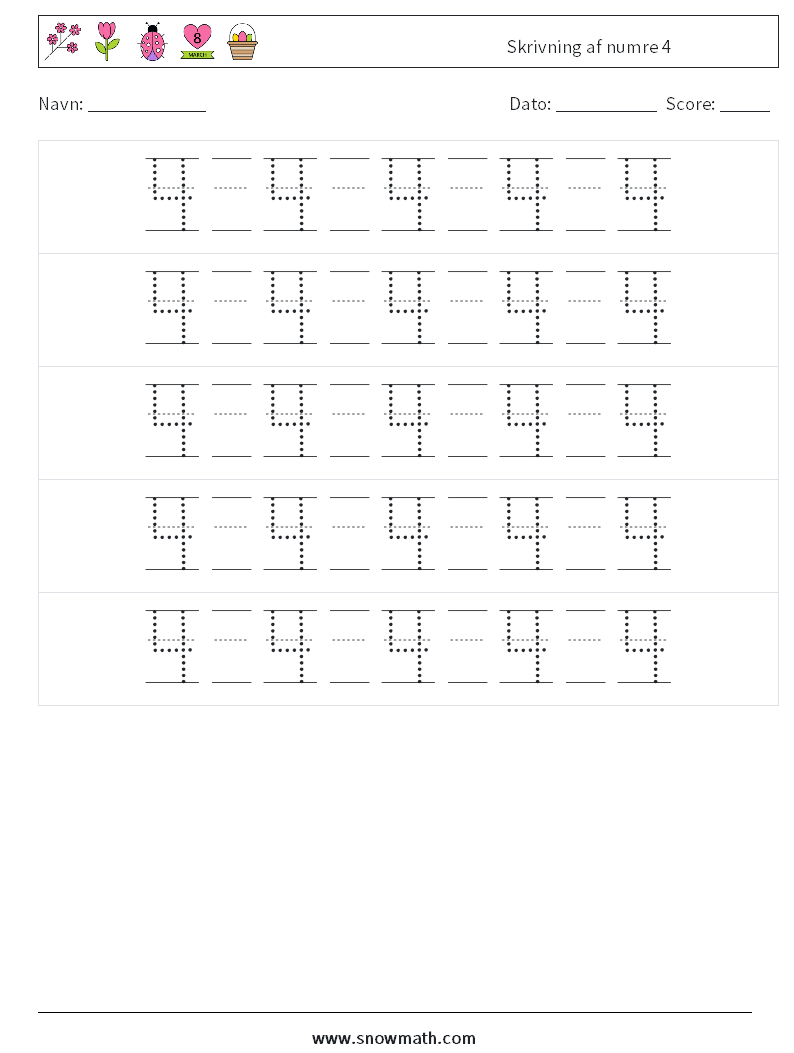 Skrivning af numre 4 Matematiske regneark 22