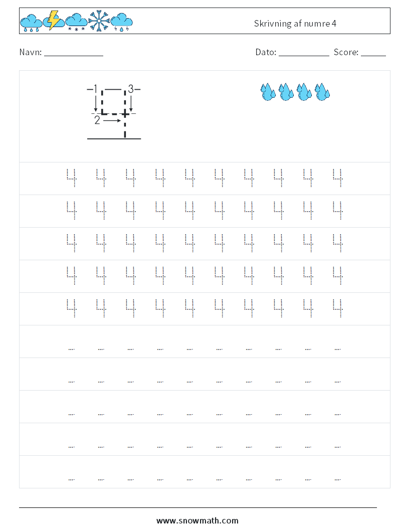 Skrivning af numre 4 Matematiske regneark 3