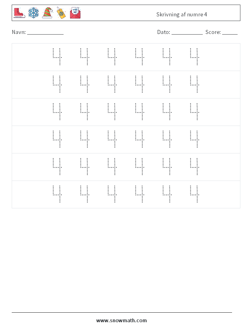 Skrivning af numre 4 Matematiske regneark 6