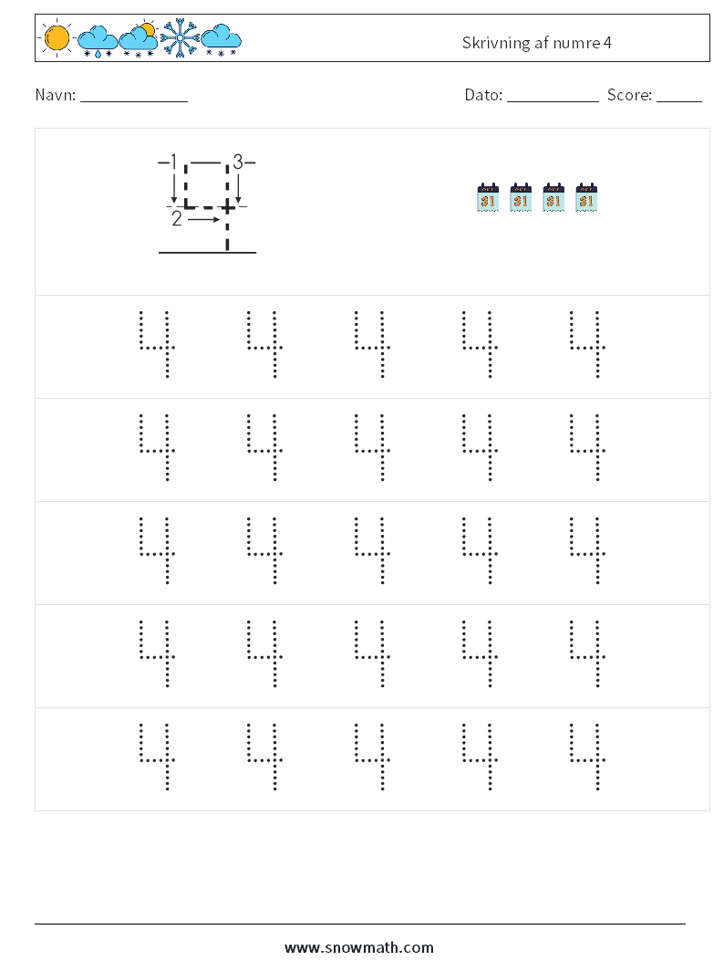 Skrivning af numre 4 Matematiske regneark 9