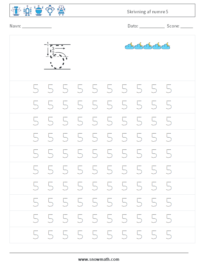 Skrivning af numre 5 Matematiske regneark 1