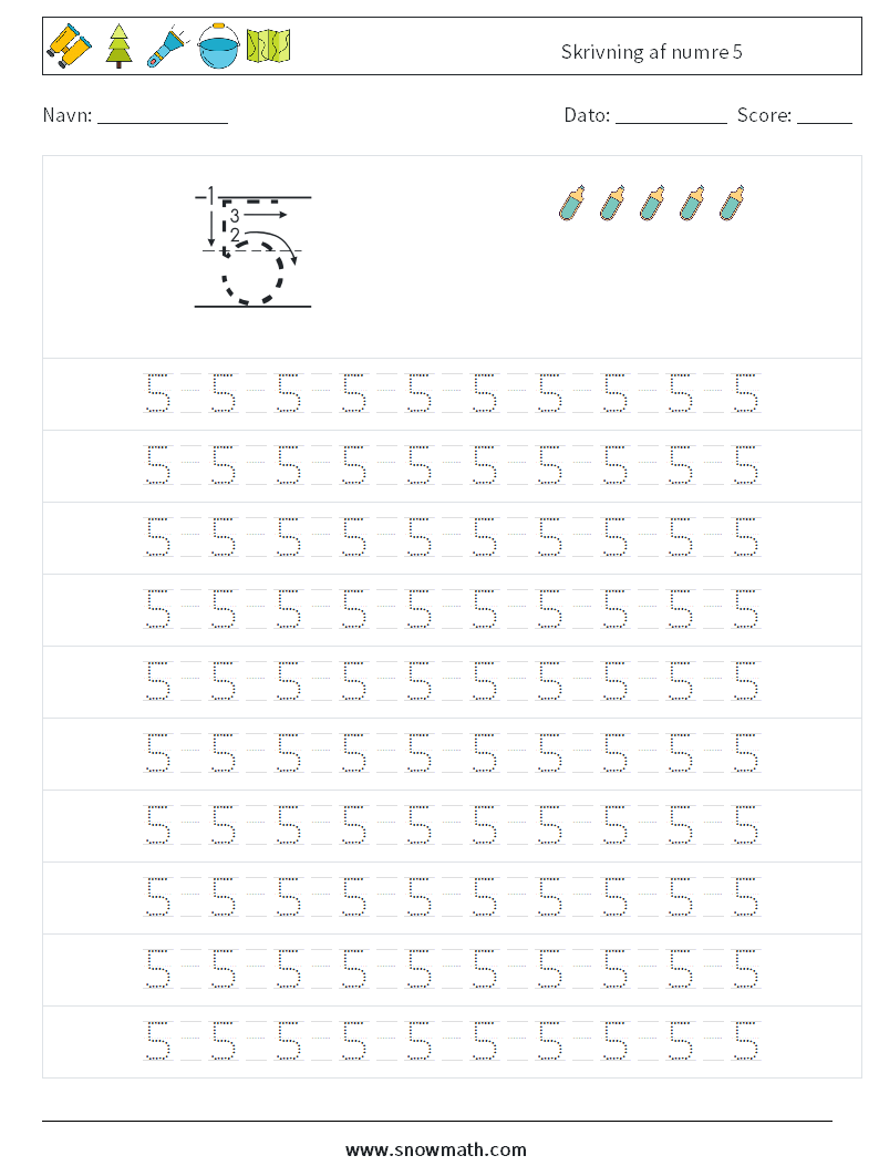 Skrivning af numre 5 Matematiske regneark 13