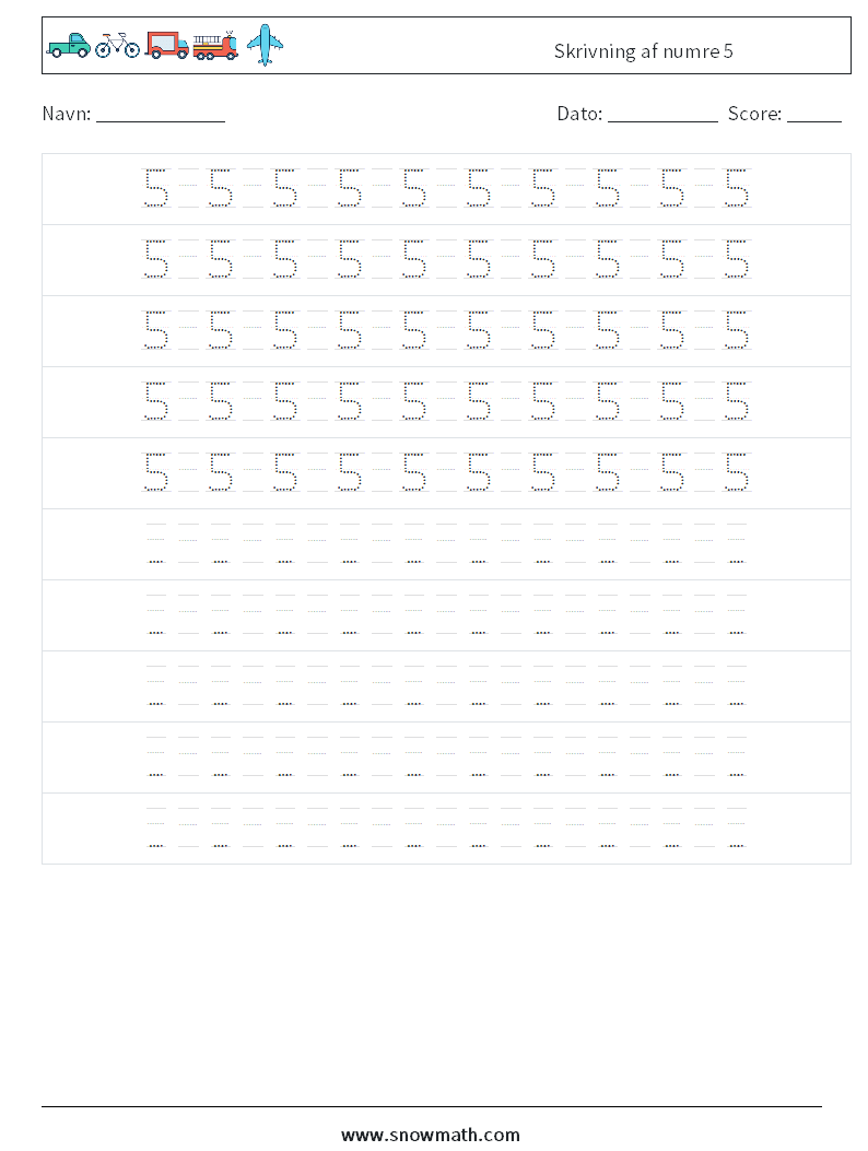 Skrivning af numre 5 Matematiske regneark 16