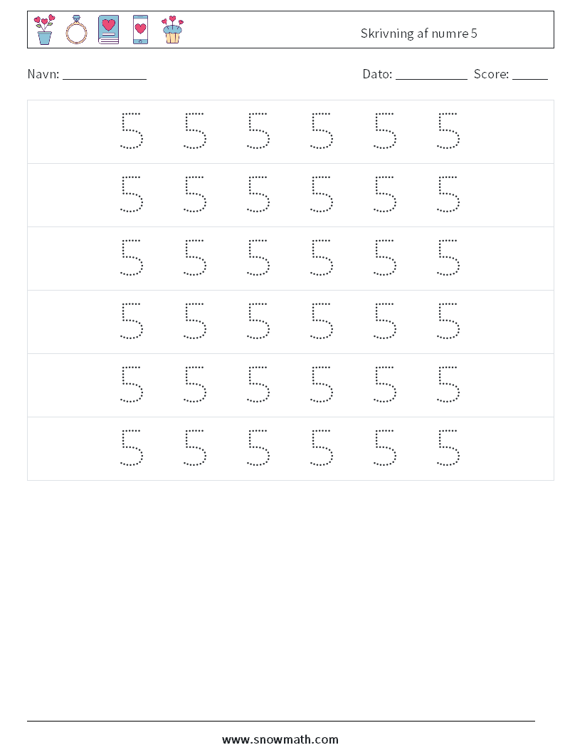 Skrivning af numre 5 Matematiske regneark 6