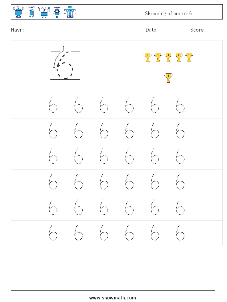 Skrivning af numre 6 Matematiske regneark 5