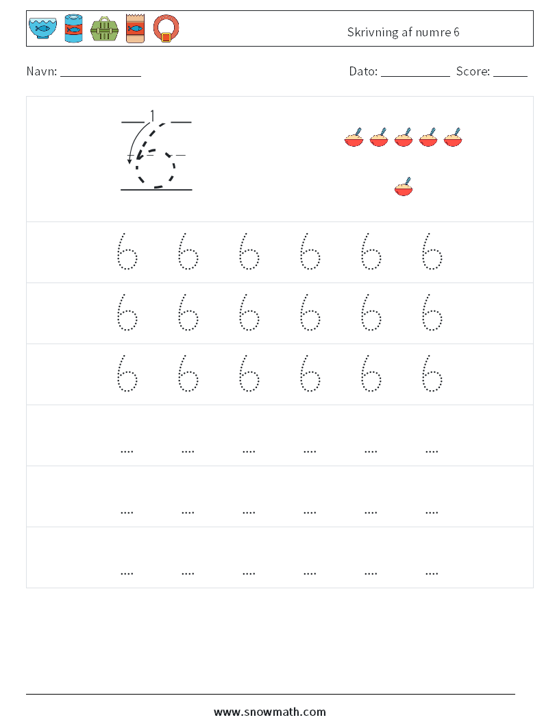 Skrivning af numre 6 Matematiske regneark 7