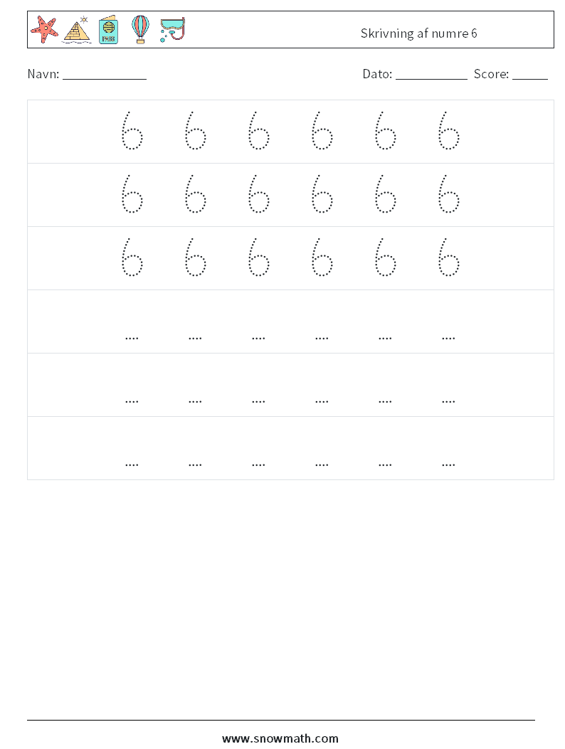 Skrivning af numre 6 Matematiske regneark 8