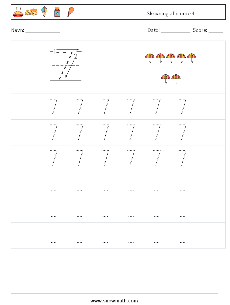 Skrivning af numre 4 Matematiske regneark 7