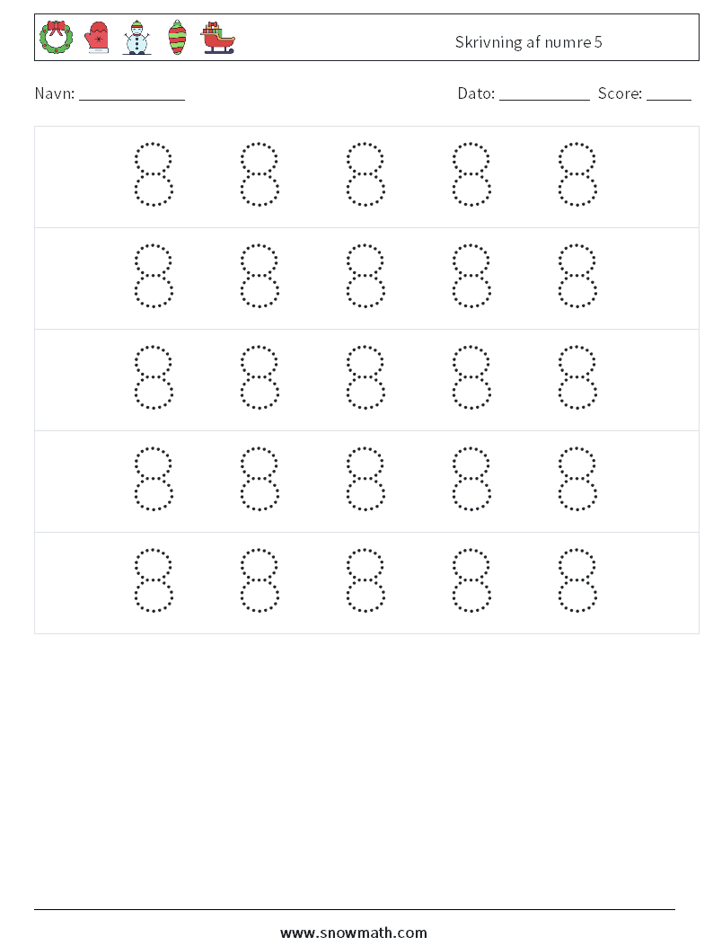 Skrivning af numre 5 Matematiske regneark 10