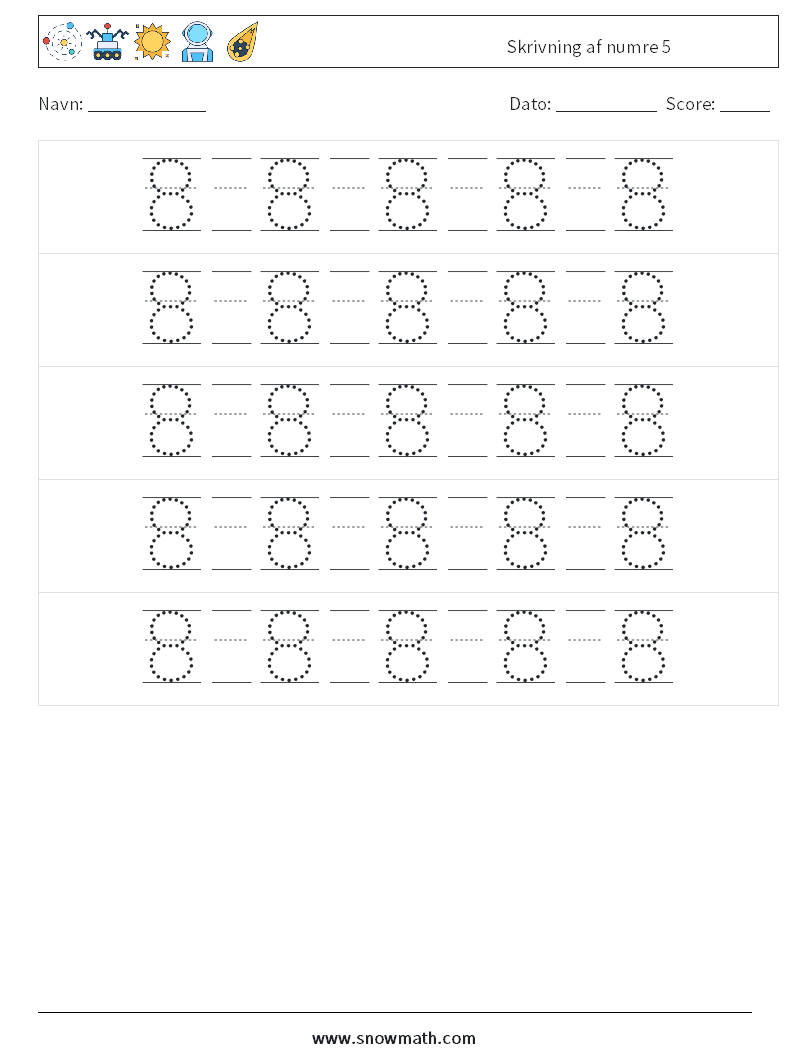 Skrivning af numre 5 Matematiske regneark 22