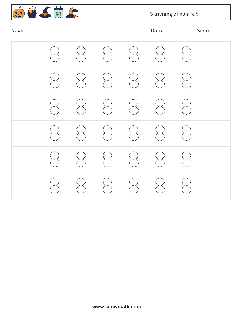 Skrivning af numre 5 Matematiske regneark 6